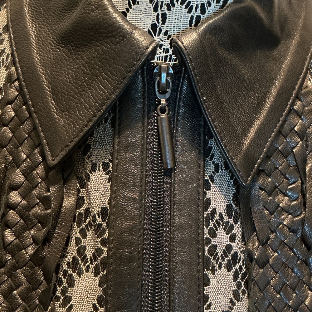 Sheer Black Lace Zip-Front Blouse with Leather Collar and Accent - Picture 2 of 7